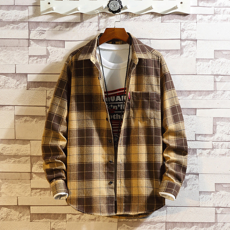 Spring and autumn new men's brushed plaid long-sleeved shirt