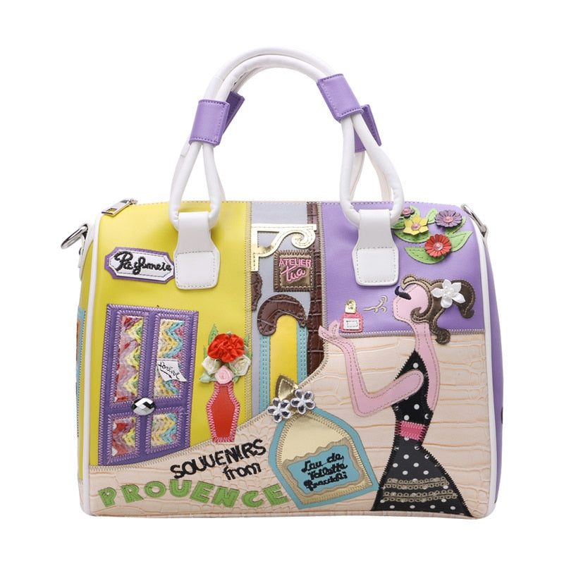 European and A merican Style Women Girl Solid Zipper Tote Cartoon Embroidery Messenger Travel Handbag Shoulder Bag