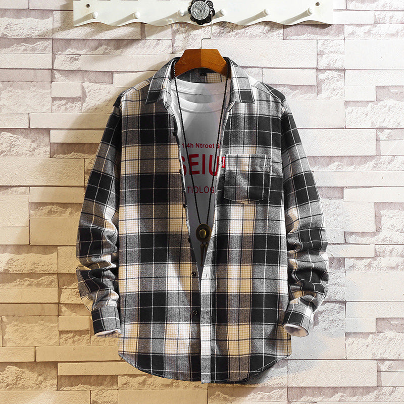 Spring and autumn new men's brushed plaid long-sleeved shirt