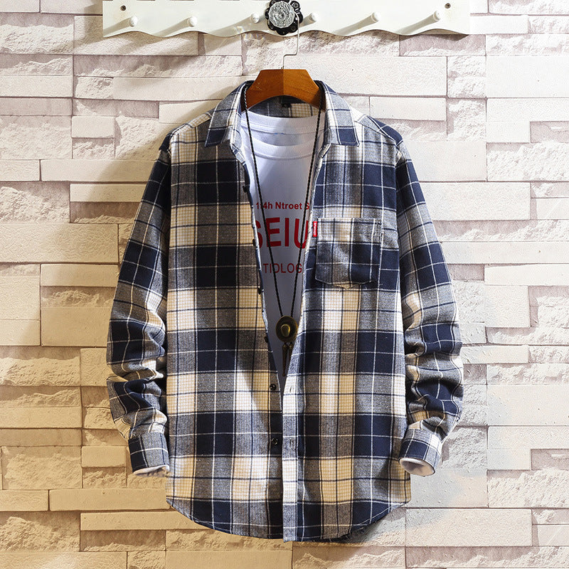 Spring and autumn new men's brushed plaid long-sleeved shirt