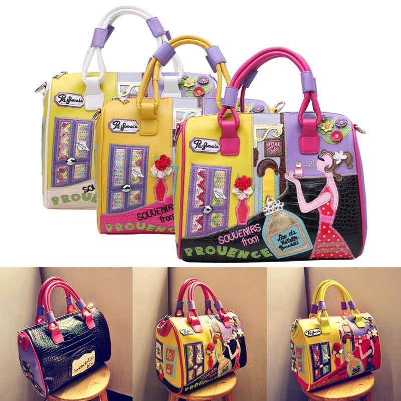 European and A merican Style Women Girl Solid Zipper Tote Cartoon Embroidery Messenger Travel Handbag Shoulder Bag