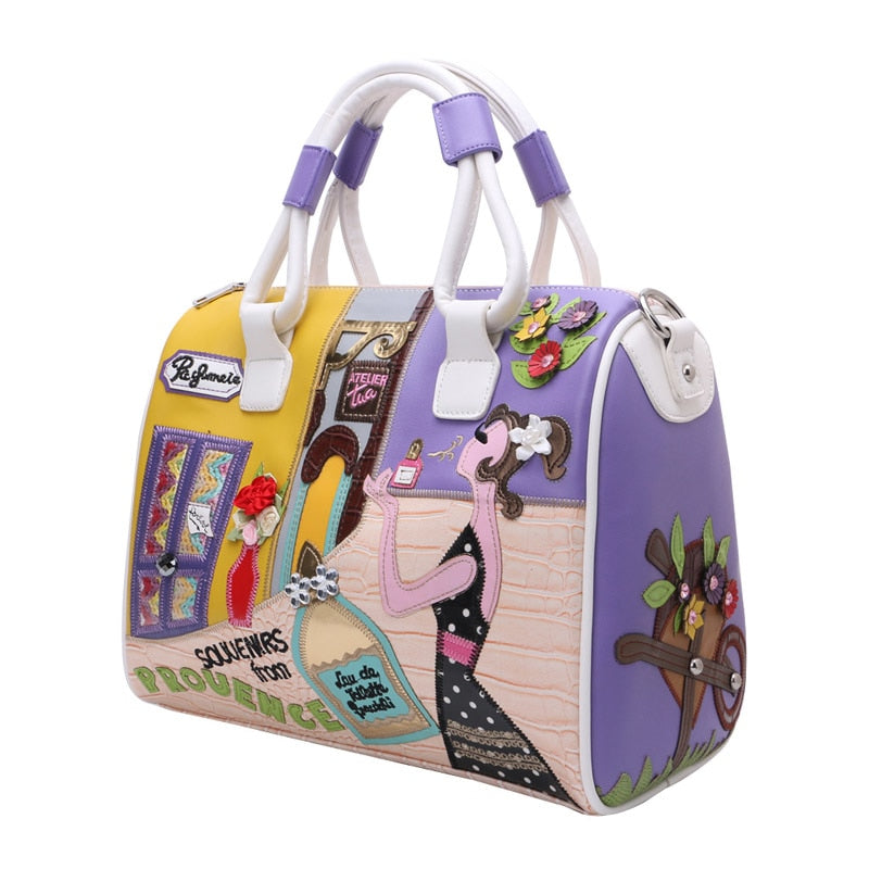 European and A merican Style Women Girl Solid Zipper Tote Cartoon Embroidery Messenger Travel Handbag Shoulder Bag
