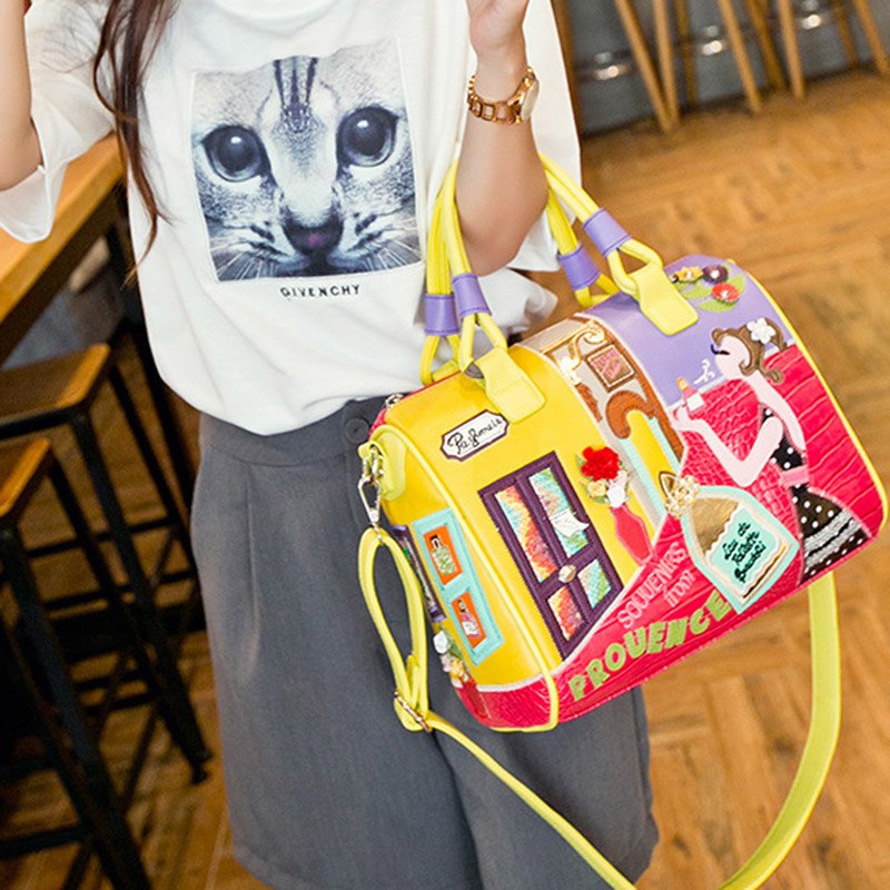 European and A merican Style Women Girl Solid Zipper Tote Cartoon Embroidery Messenger Travel Handbag Shoulder Bag