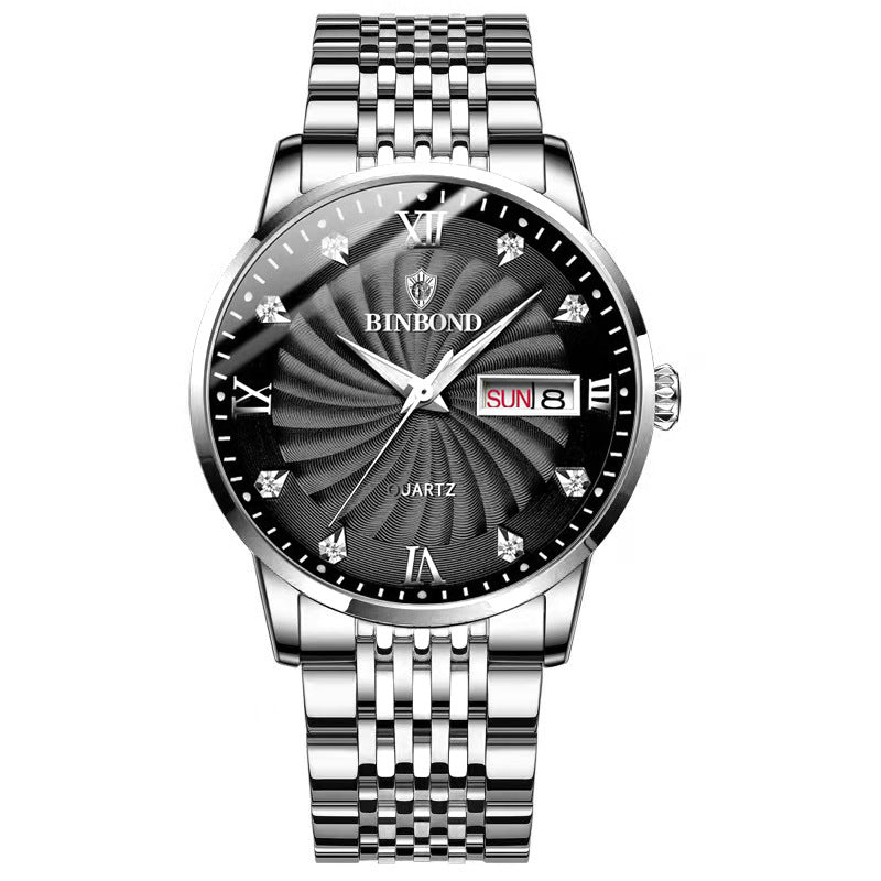 Fashion Quartz Watch Steel Belt Double Calendar Men's Watch Waterproof
